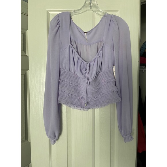 Free People Sm Purple Lolita Smocked Square Neck‎ Puff Sleeve Peasant Blouse Top - Picture 3 of 9